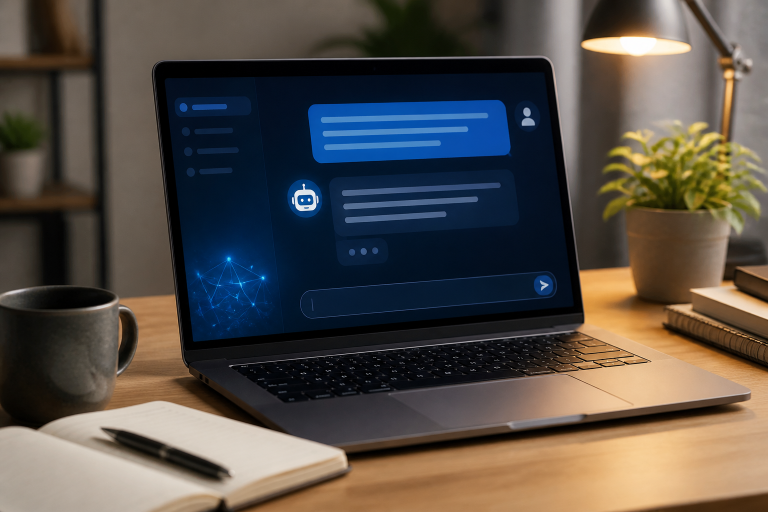 Laptop ekranında yapay zeka sohbeti ile prompt yazma