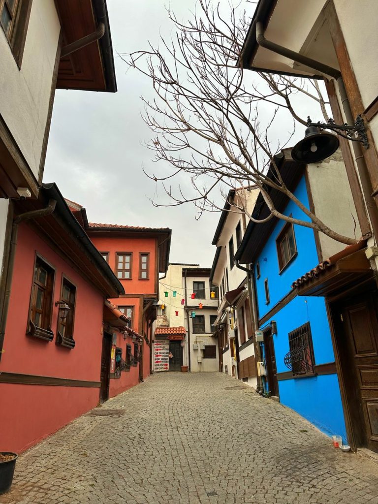 Canlı evlerle dolu, cazibeli boş sokak, Odunpazarı, Eskişehir, Türkiye.