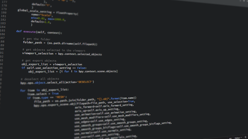 Bir bilgisayar ekranında Python kodunun yakın çekim görüntüsü, yazılım geliştirme ve programlamayı yansıtmaktadır.