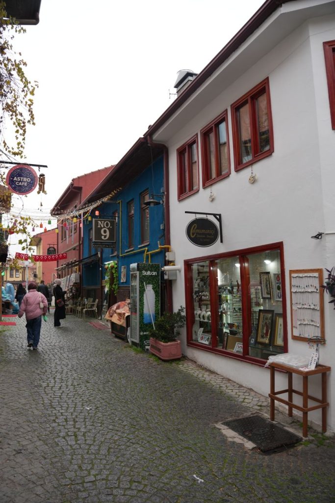 Eskişehir Odunpazarı'nda rengarenk evler ve dükkanların bulunduğu güzel bir sokak manzarası.